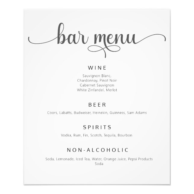 Elegant Black and White Wedding Bar Menu Poster (Front)