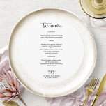 Elegant Black And White Wedding Circle Menu Cards<br><div class="desc">A stylish calligraphy wedding menu card for the plate. Easy to personalize with your details. CUSTOMIZATION: If you need design customization,  please contact me through chat; if you need information about your order,  shipping options,  etc.,  please contact Zazzle support directly.</div>