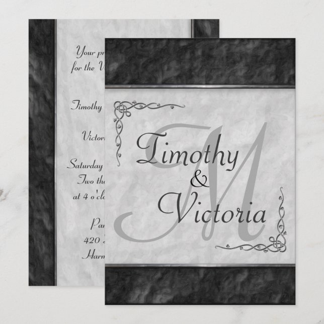 Elegant Black and White Wedding Invitations (Front/Back)