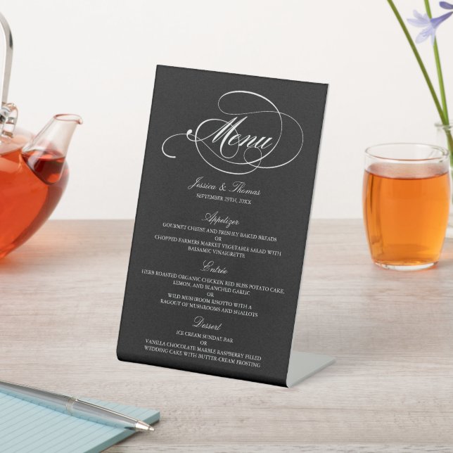 Elegant Black And White Wedding Menu Templates Pedestal Sign (In SItu)