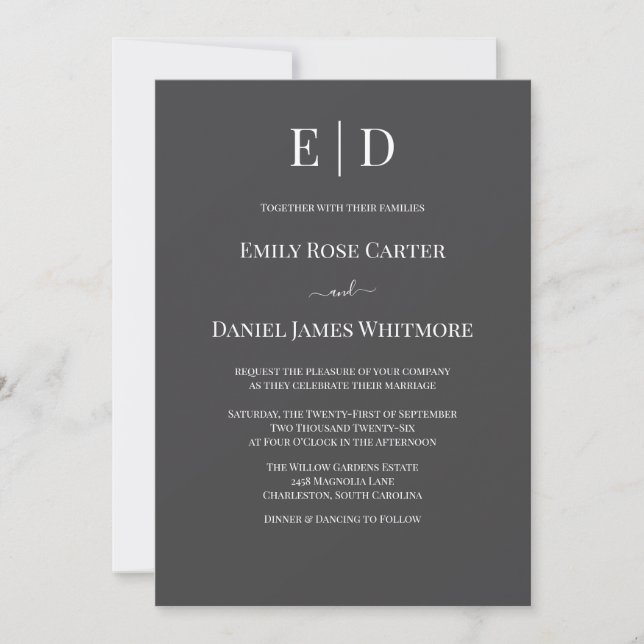 Elegant Black and White Wedding  Modern Monogram Invitation (Front)