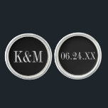 Elegant Black and White Wedding Monogram Groom Cufflinks<br><div class="desc">Personalized wedding cufflink design for the groom features a monogram of the couple's initials and wedding date.  Black background and white text colours can be modified to coordinate with any wedding colour scheme.</div>