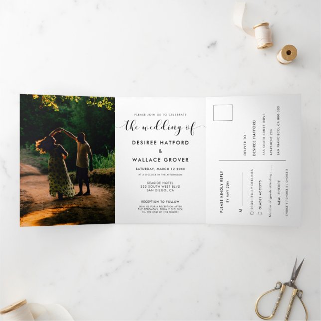 Elegant black and white wedding photo Tri-Fold invitation (Inside)