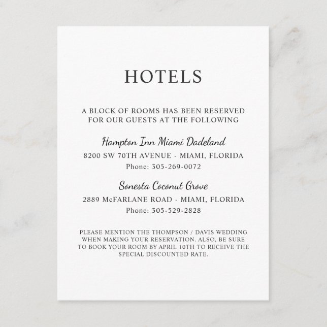 Elegant Black and White Wedding Two Hotels Enclosure Card (Front)