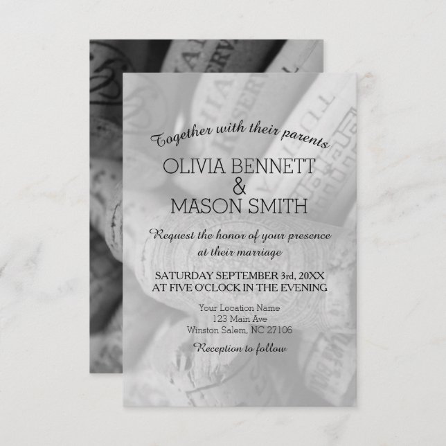 Elegant Black and White Wine Cork Wedding Card (Front/Back)