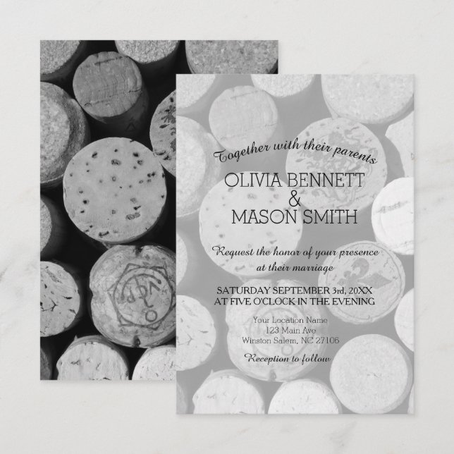 Elegant Black and White Wine Cork Wedding Card (Front/Back)