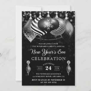 Elegant Black and White Winter Baubles New Year Invitation