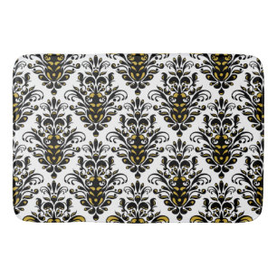 Elegant  black and white with touch of gold damask bath mat