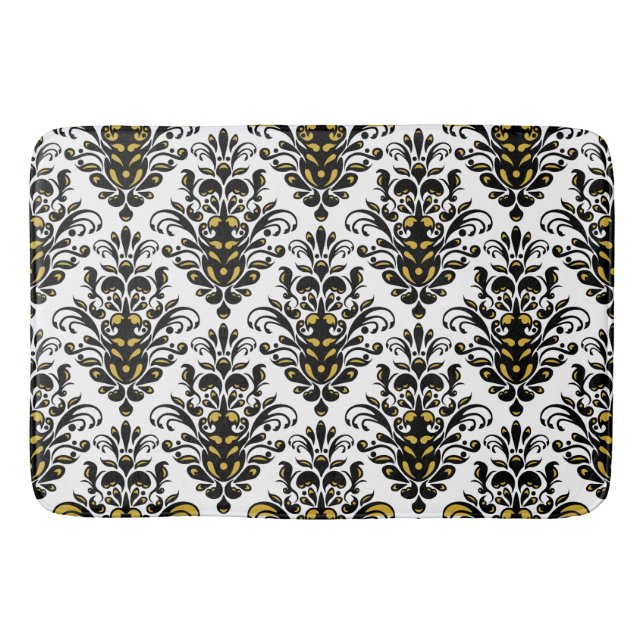 Elegant  black and white with touch of gold damask bath mat (Front)
