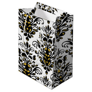 Elegant black and white with touch of gold damask medium gift bag