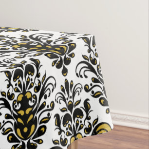 Elegant  black and white with touch of gold damask tablecloth
