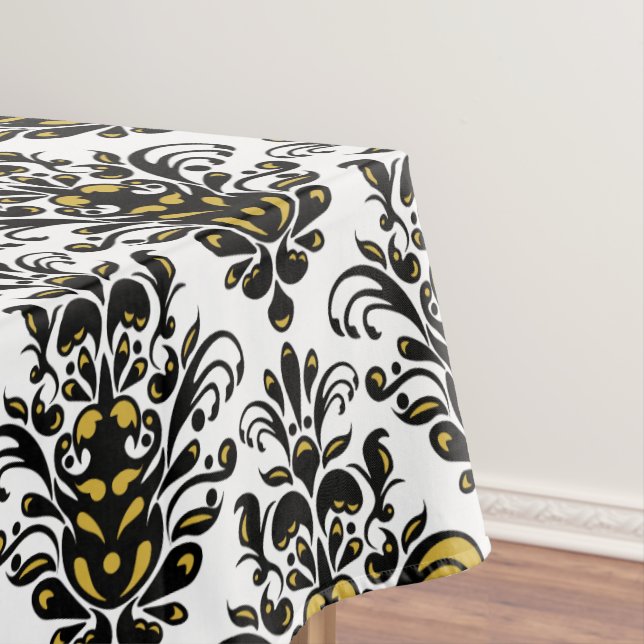 Elegant  black and white with touch of gold damask tablecloth (In Situ)