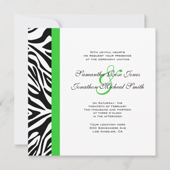 Elegant Black and White Zebra Lime Green Wedding Invitation (Front)