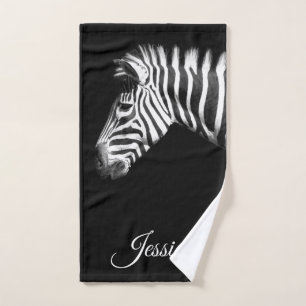 Elegant Black and White Zebra Personalized Name Hand Towel