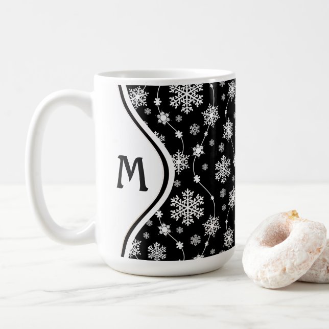 Elegant Black and Winter White Snowflake Patterns Coffee Mug (With Donut)
