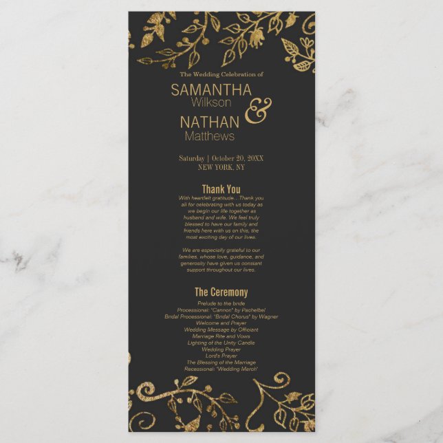 Elegant Black and Yellow Gold Floral Programs (Front)