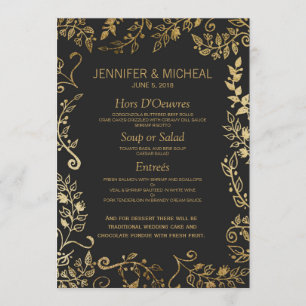Elegant Black and Yellow Gold Floral Wedding Menu
