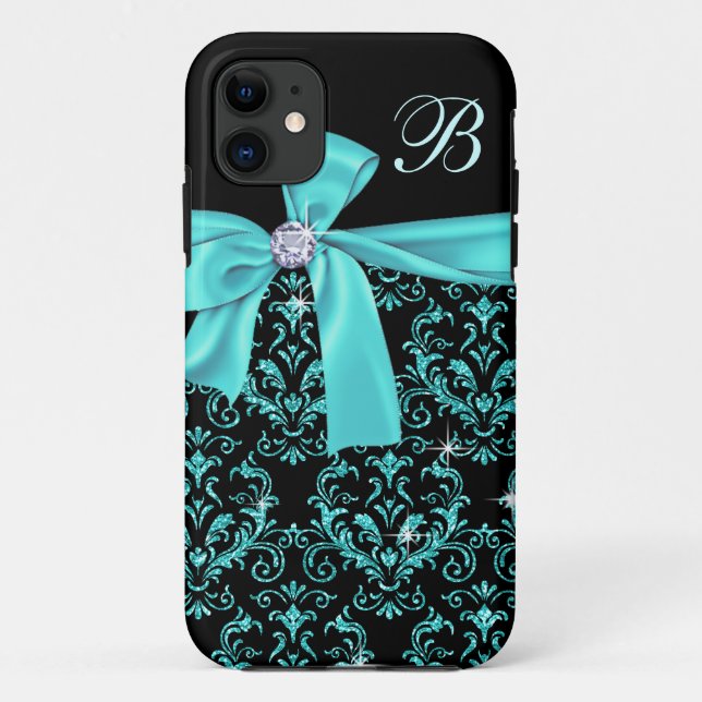 Elegant Black Aqua Damask Diamond Bow Monogram Case-Mate iPhone Case (Back)