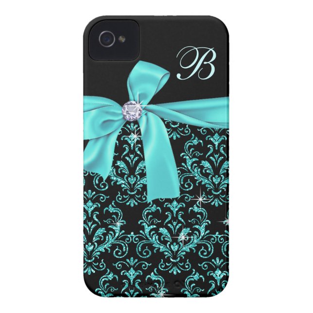 Elegant Black Aqua Damask Diamond Bow Monogram Case-Mate iPhone Case (Back)