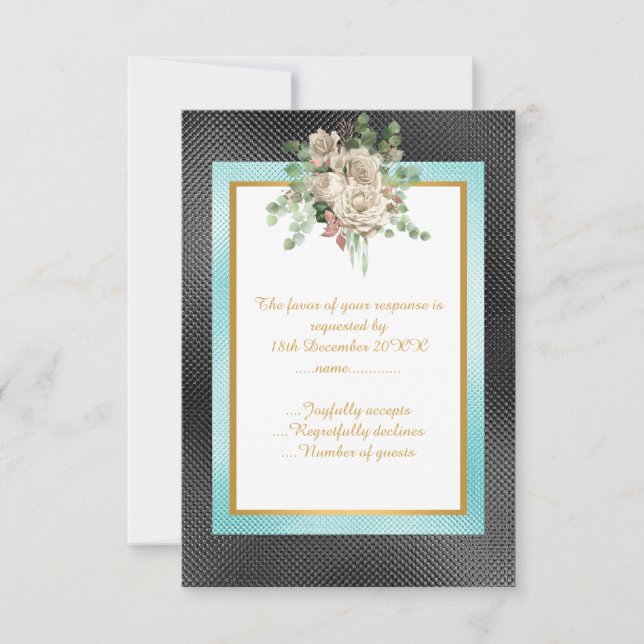 ELEGANT BLACK AQUA EMBOSSED  FLORAL CUSTOM RSVP (Front)