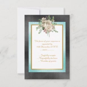 ELEGANT BLACK AQUA EMBOSSED  FLORAL CUSTOM RSVP CARD