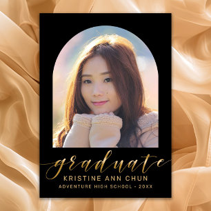 Elegant Black Arch Gold Script Photo Graduation Announcement