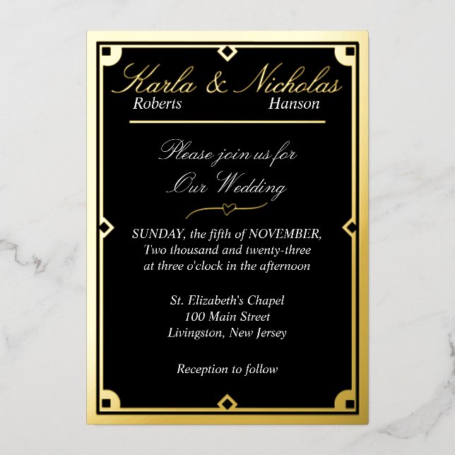 Elégant Black Art Déco Mariage Foil Invitation (Recto)