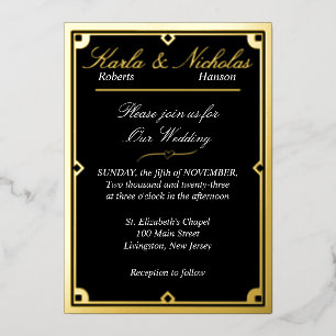 Elegant Black Art Deco Wedding  Foil Invitation