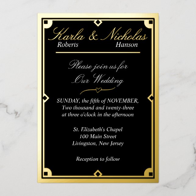 Elegant Black Art Deco Wedding  Foil Invitation (Front)