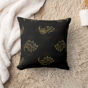 Elegant black background with intricate gold leaf  throw pillow