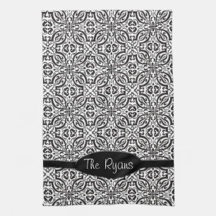Elegant Black Baroque Damask Monogram Kitchen Towel