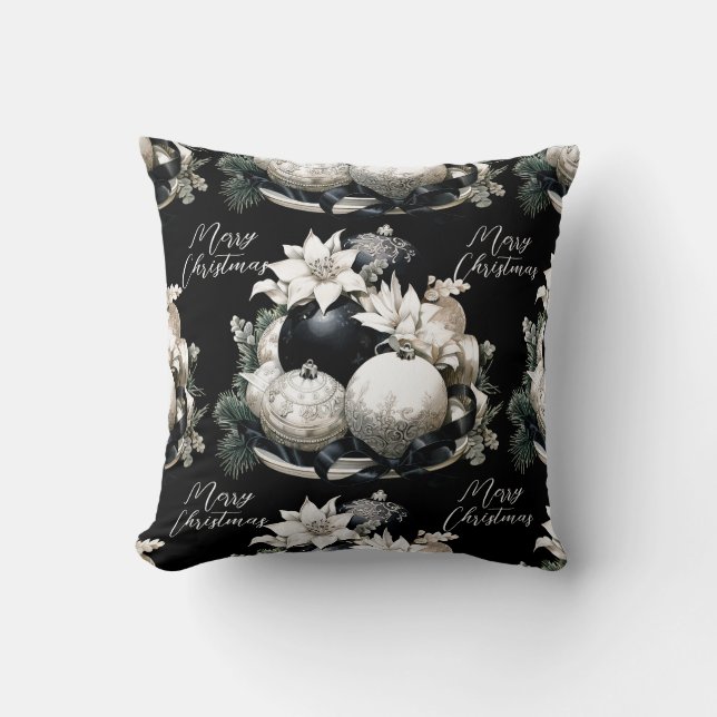 Elegant black beige sage green Christmas ornament Throw Pillow (Front)