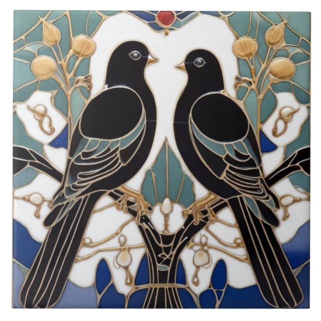 Elegant Black Birds Art Nouveau Bird Art Deco Tile (Front)