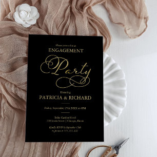 Elegant Black Black Gold  Engagement Party Invitation