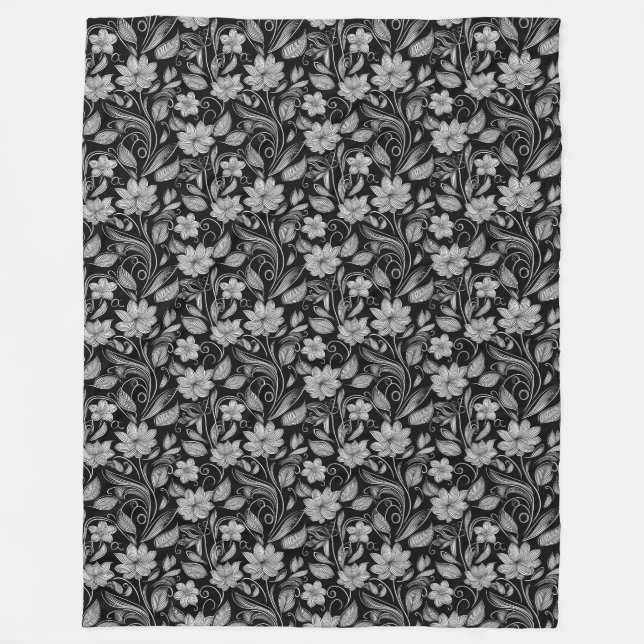 Elegant Black Blanket with White Floral Outline  (Front)