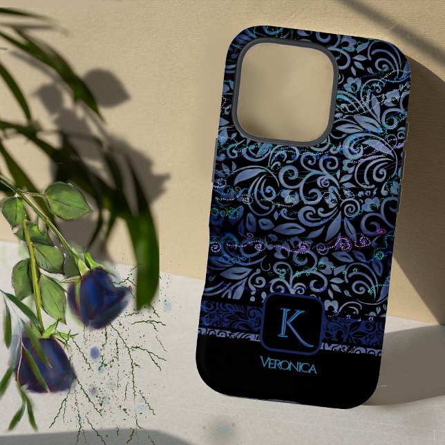Elegant  Black Blue  Floral Monogram  Case-Mate iPhone Case (Elegant Black Blue Floral Monogram Case-Mate iPhone Case)