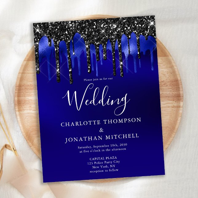 Elegant Black Blue Glitter Drips Police Wedding Announcement Postcard (Creator Uploaded)