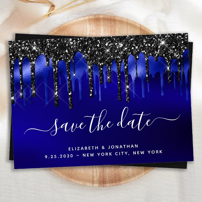 Elegant Black Blue Glitter Drips Save The Date Invitation (Creator Uploaded)