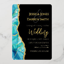 Elegant Black Blue Gold Foil Wedding Invitation