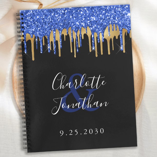 Elegant Black Blue Gold Glitter Wedding Guestbook Notebook (Creator Uploaded)