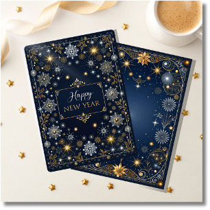 Elegant Black, Blue & Gold Happy New Year  Holiday Card