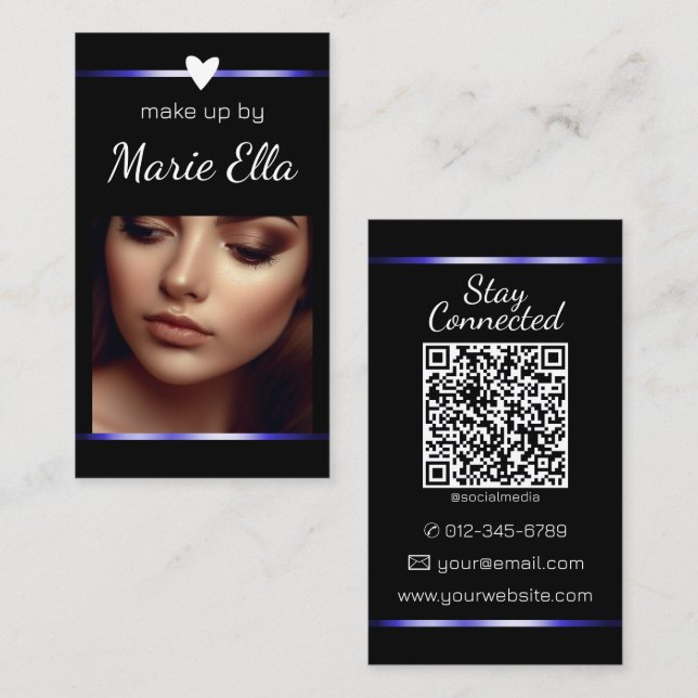 Elegant Black Blue Heart Photo QR Code Template  Business Card (Front/Back)