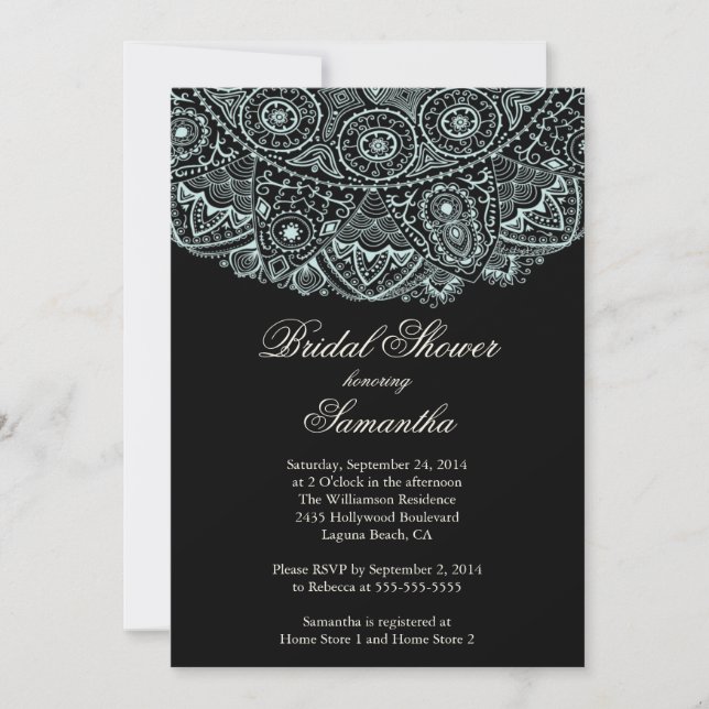 Elegant Black Blue Lace Bridal Shower Invitation (Front)
