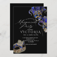 Elegant Black & Blue Mask Masquerade Birthday
