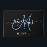 Elegant Black Blue Monogram Script Family Name Doormat<br><div class="desc">DIY Personalized black and white and blue monogram design with bride and groom last name and wedding date on a black background. Makes a unique and great gift for newlyweds starting a new family. Great for new house together. Customize with your name, monogram initial and wedding date and colours. Elke...</div>