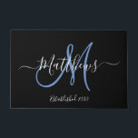 Elegant Black Blue Monogram Script Family Name Doormat<br><div class="desc">DIY Personalized black and white and blue monogram design with bride and groom last name and wedding date on a black background. Makes a unique and great gift for newlyweds starting a new family. Great for new house together. Customize with your name, monogram initial and wedding date and colours. Elke...</div>