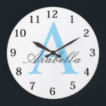 Elegant Black Blue  Personalized Monogram  Name  Large Clock<br><div class="desc">Personalized clock are perfect for yourself,  or as a gift! These are also the perfect bride's gift or proposal gift.</div>