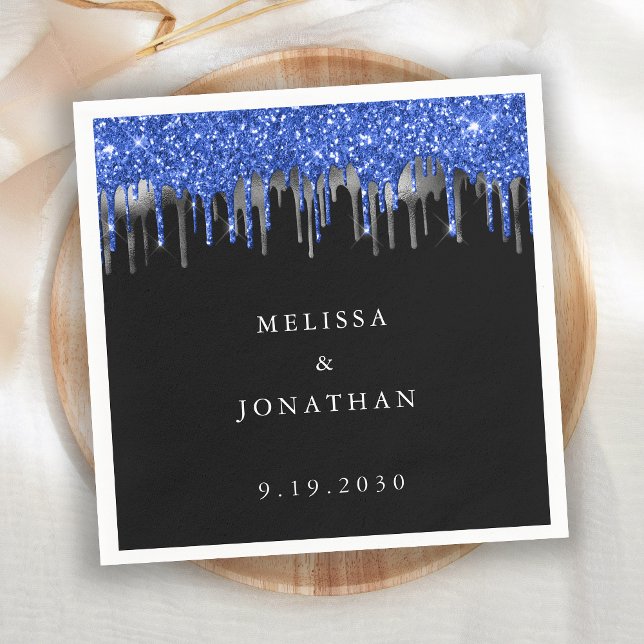 Elegant Black Blue Silver Glitter Drips Wedding Napkin (Creator Uploaded)