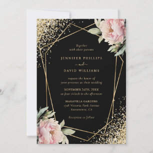 Elegant Black Blush Pink Peony Geo Gold Wedding Invitation