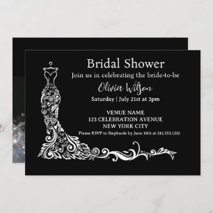  Elegant Black Boho Floral Gown Bridal Shower Invitation